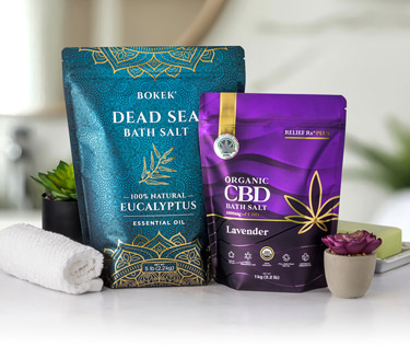 Bokek Organic Dead Sea Bath Salt and Relief Rx CBD Bath Salt in bags