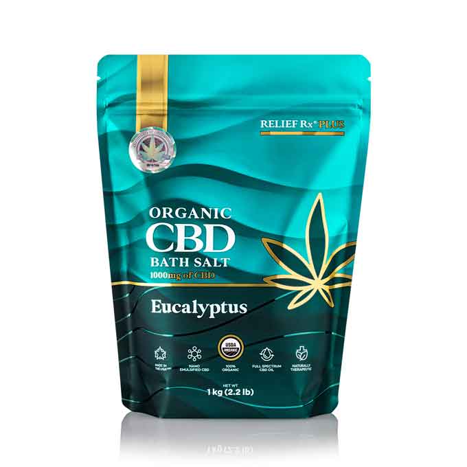 Organic CBD bath salt eucalyptus scent in a 1kg bag