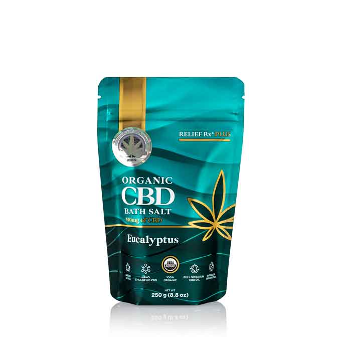 Organic CBD bath salt eucalyptus scent in a 250g pouch
