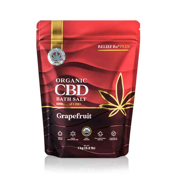 Organic CBD bath salt grapefruit scent in a 1kg bag