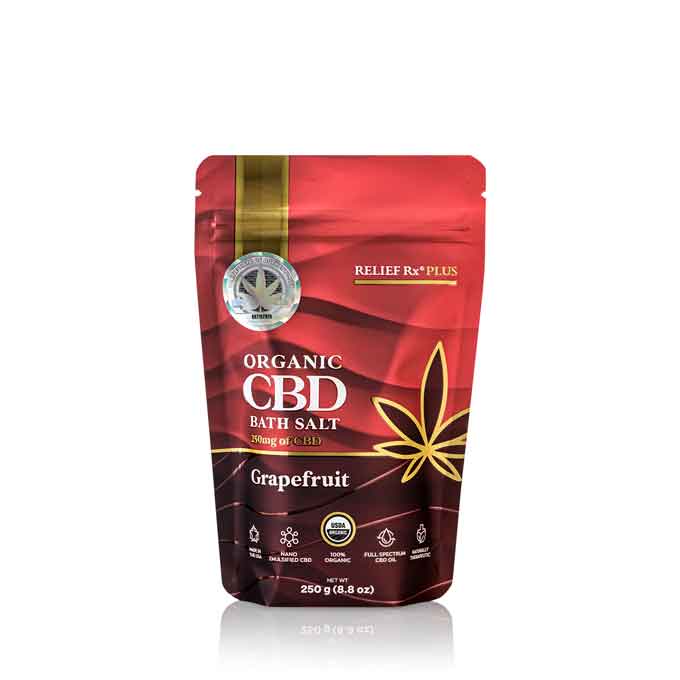 Organic CBD bath salt grapefruit scent in a 250g pouch