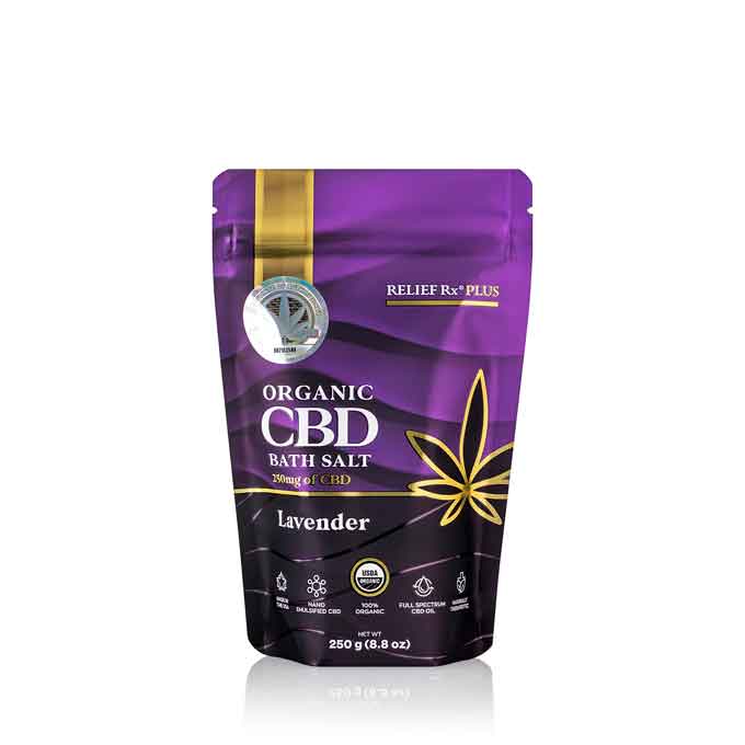 Organic CBD bath salt lavender scent in a 250g pouch