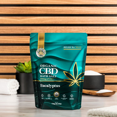 Organic CBD eucalyptus scented bath salts on a bathroom counter
