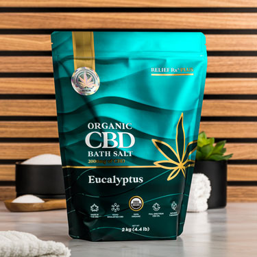 Organic CBD eucalyptus scented bath salts on a bathroom counter