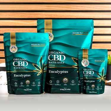 Organic CBD eucalyptus scented bath salts on a bathroom counter