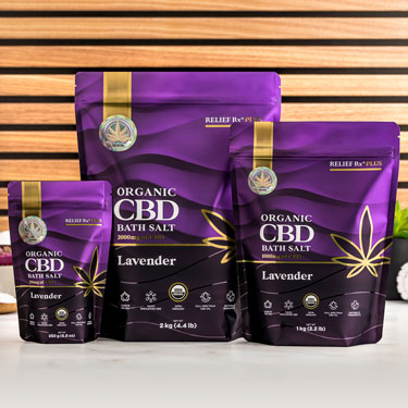 Organic CBD lavender scented bath salts on a bathroom counter