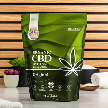 Organic CBD bath salts on a bathroom counter - 2kg bag