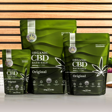 Organic CBD bath salts on a bathroom counter