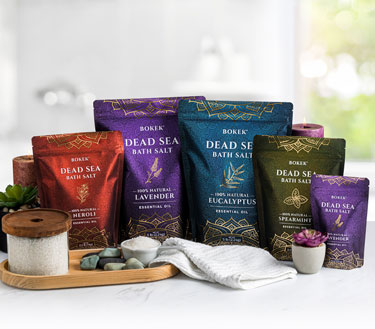 Organic Dead Sea bath salts in a bathroom