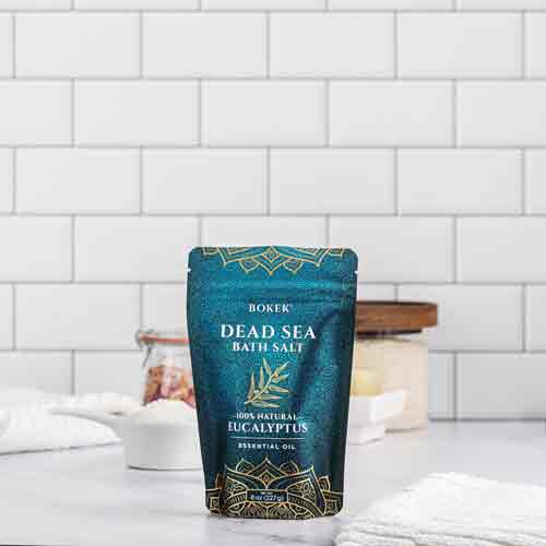 Organic Eucalyptus scented bath salt in an 8 oz pouch