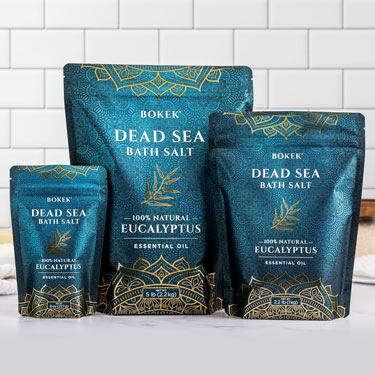 Organic Eucalyptus dead sea bath salts on a bathroom counter