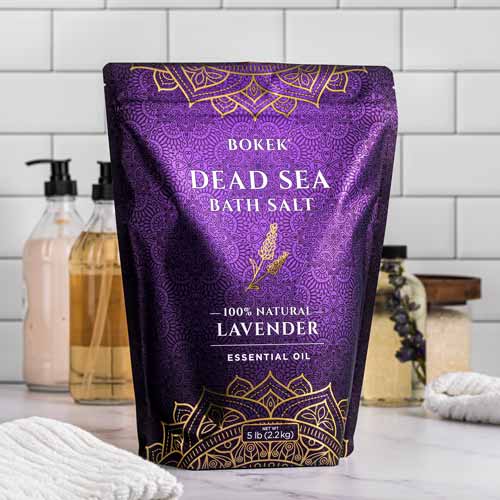 Organic Lavender scented bath salt in a 5 lb bag