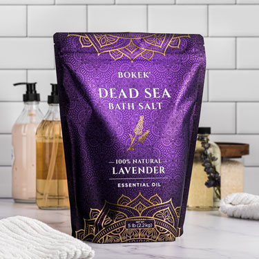 Organic Lavender dead sea bath salts on a bathroom counter - 5 lb bag