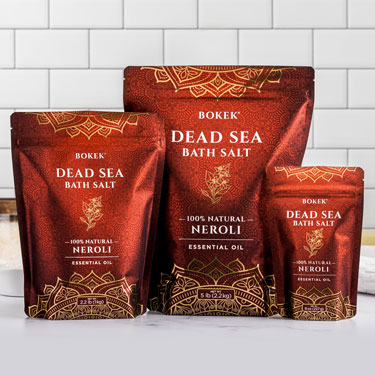 Organic Neroli dead sea bath salts on a bathroom counter