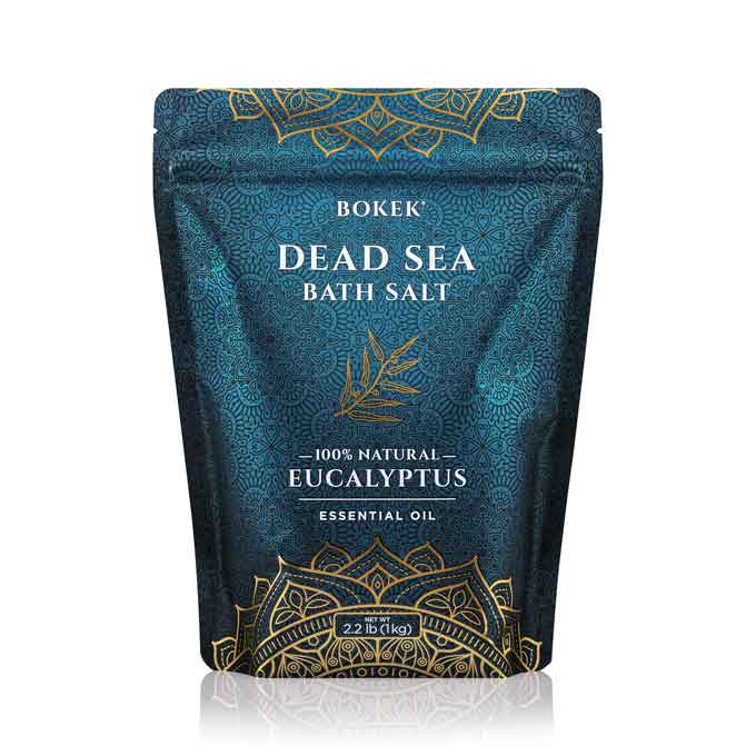 Organic eucalyptus scented dead sea bath salt in a 2.2 lb bag