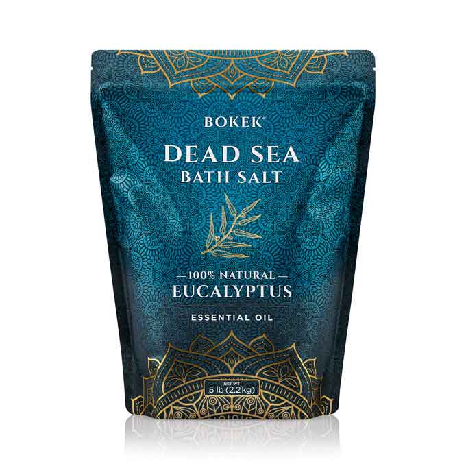 Organic eucalyptus scented dead sea bath salt in a 5 lb bag