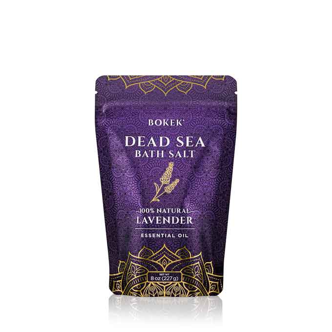 Organic lavender scented dead sea bath salt in an 8 oz pouch