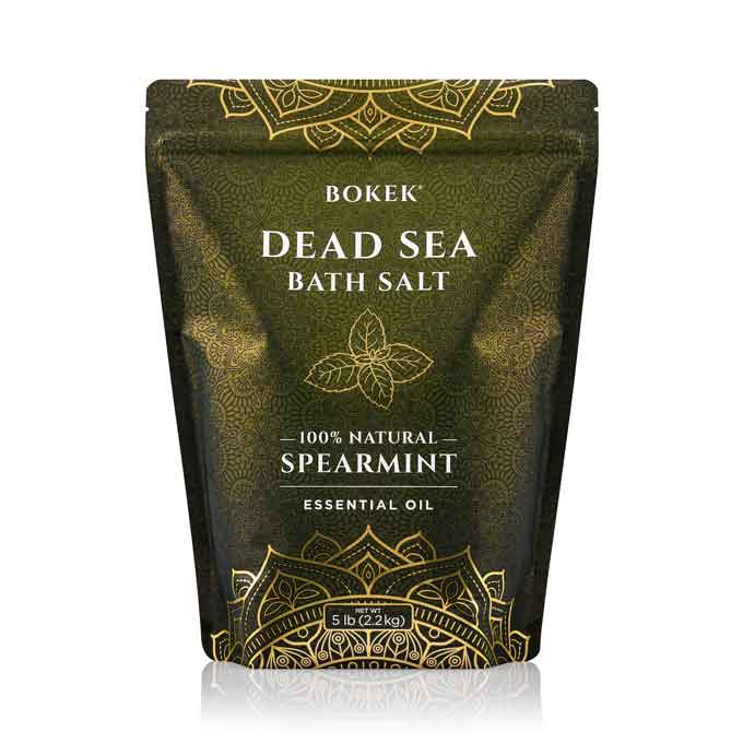Organic spearmint scented dead sea bath salt in a 5 lb bag