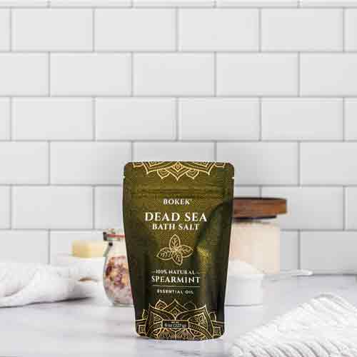 Organic Spearmint scented bath salt in an 8 oz pouch